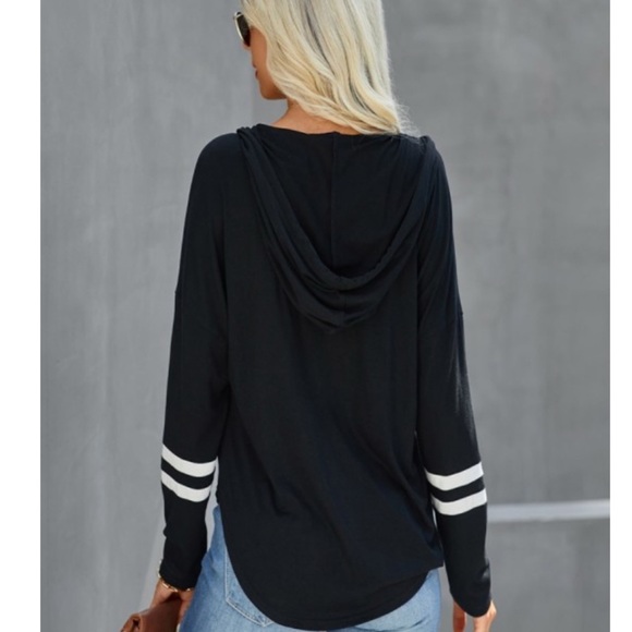 Long Sleeve Hoodie with Striped Sleeves & Drawstring – Casual Athleisure Top NWT - Picture 2 of 6